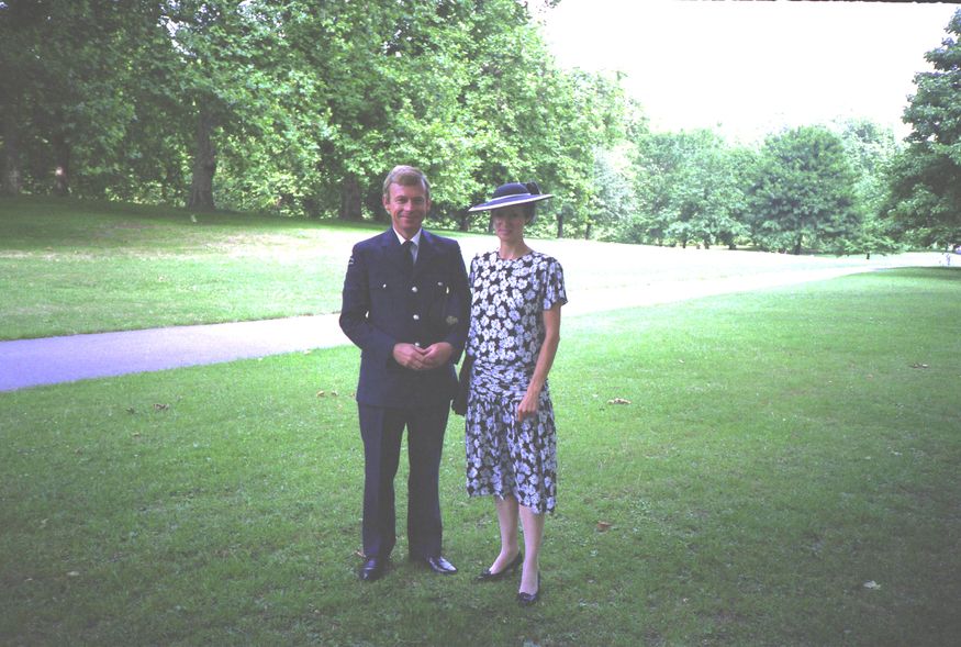 'J' and I on our way to the garden party at Buckingham Palace. Taken in about 1992